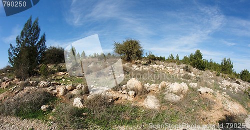 Image of Rocky green hill view distorted by fisheye lens