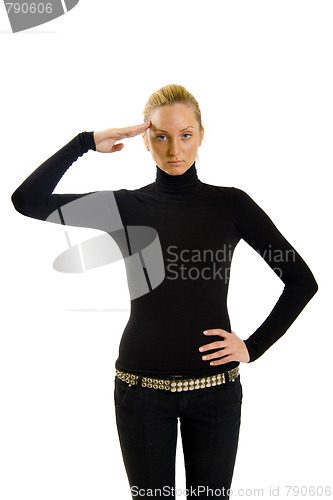 Image of attractive girl in black saluting to camera