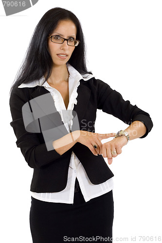 Image of pretty businesswoman pointing on watch