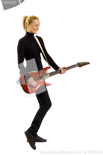 Image of  girl with red guitar over white