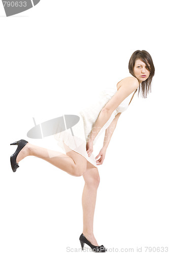 Image of beautiful  girl wearing white dress and shoes