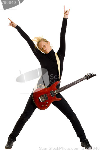 Image of woman guitarist with hands in the air