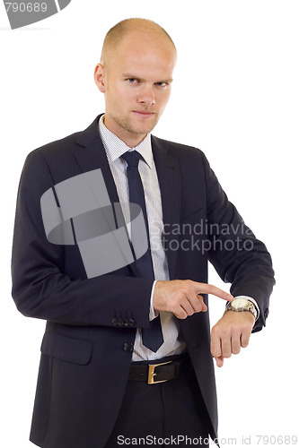 Image of handsome businessman showing time on his watch