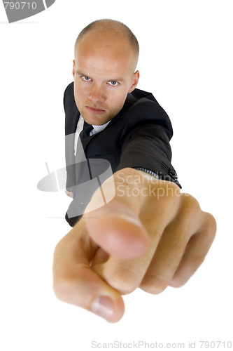 Image of wide angle picture of a businessman pointing