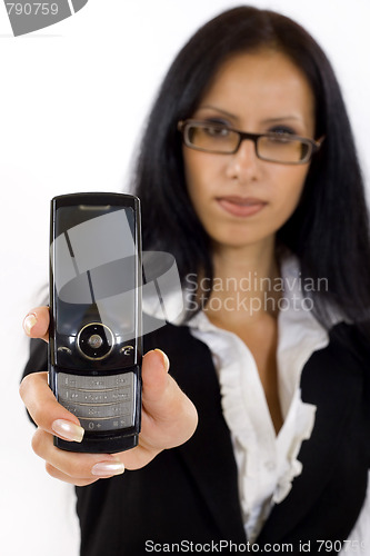Image of  business woman showing her phone