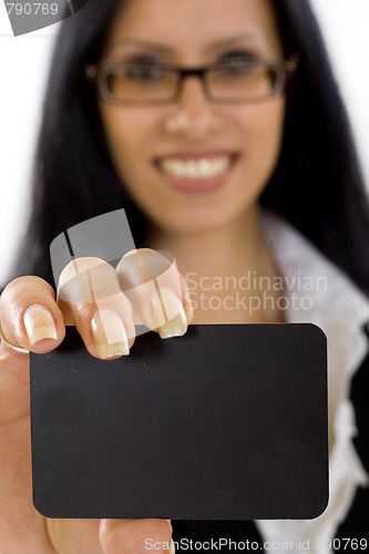 Image of businesswoman showing blank card on white
