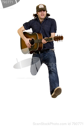 Image of passionate guitarist jumps