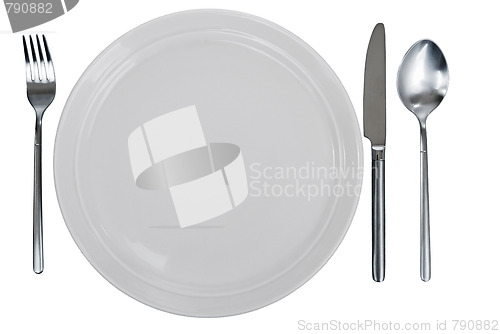 Image of empty plate, fork, spoon and table-knife