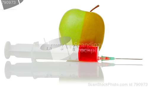 Image of  green apple and a syringe with red liquid