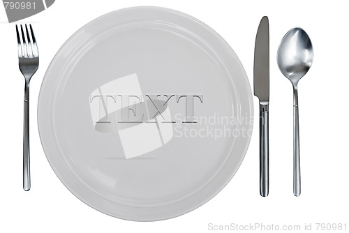 Image of empty plate, fork, spoon and table-knife