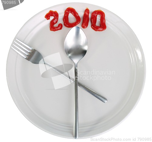 Image of empty plate, fork, spoon and table-knife