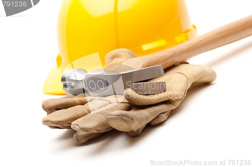 Image of Yellow Hard Hat, Gloves and Hammer on White