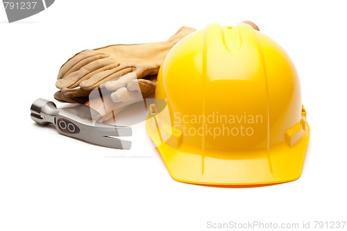Image of Yellow Hard Hat, Gloves and Hammer on White