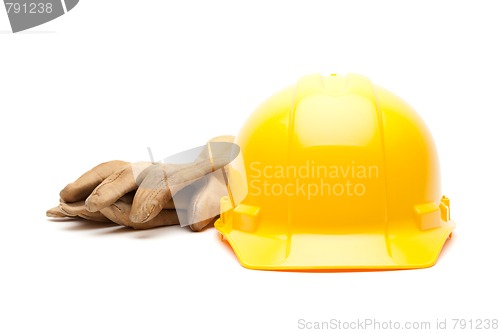 Image of Yellow Hard Hat and Gloves on White