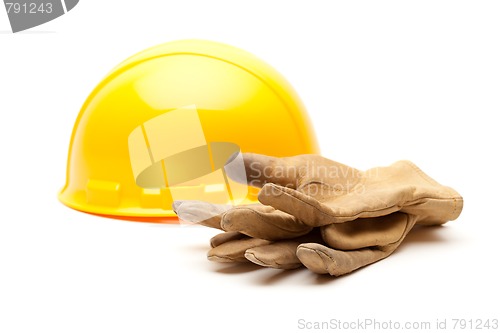 Image of Yellow Hard Hat and Gloves on White