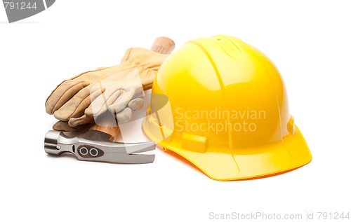 Image of Yellow Hard Hat, Gloves and Hammer on White