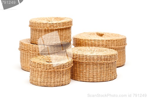 Image of Stack of Wicker Baskets on White