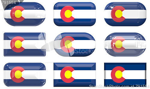 Image of nine glass buttons of the Flag of Colorado