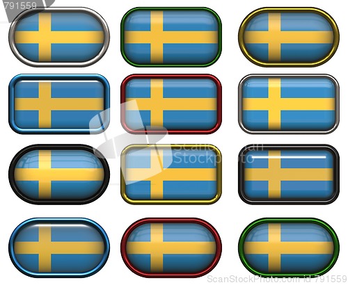 Image of 12 buttons of the Flag of Sweden