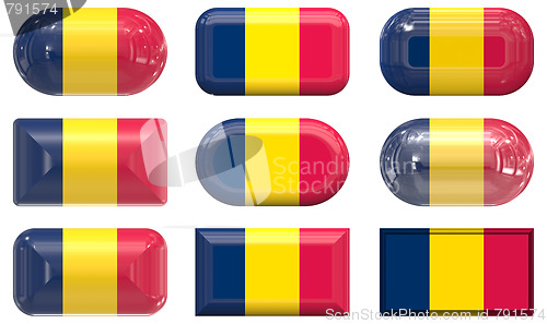 Image of nine glass buttons of the Flag of Chad