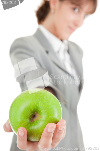 Image of smiling woman with apple