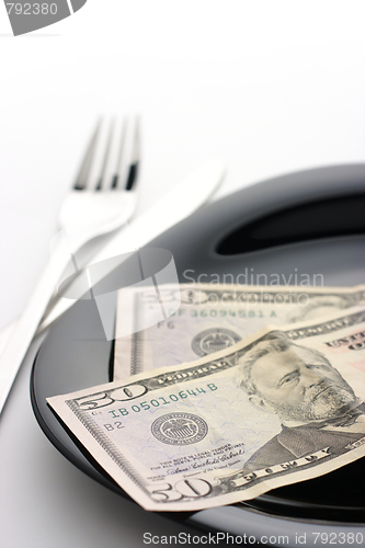 Image of Dollars on plate with fork and knife