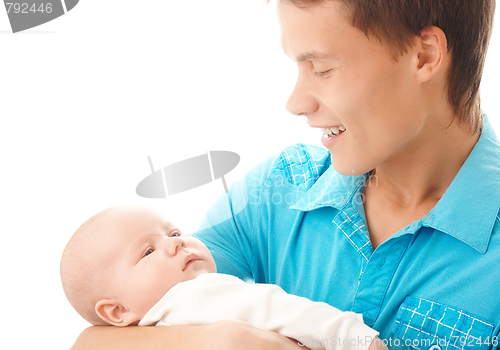 Image of Happy father holds his little child