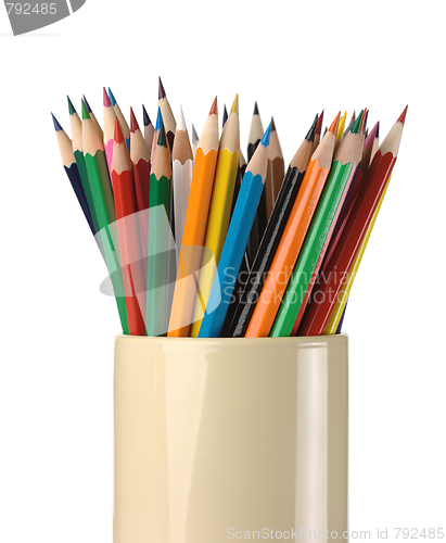 Image of Bunch of color crayons in a cup
