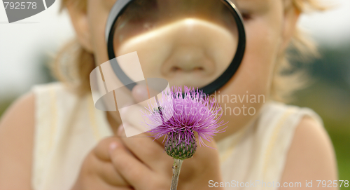 Image of Child looking at flower through magnifying glass