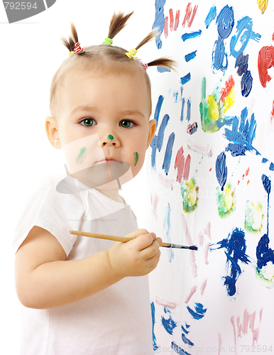 Image of Little girl paint on a white board