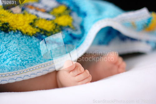 Image of Adorable toddler's feet on white bedsheet