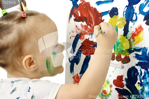 Image of Little girl paint on a white board