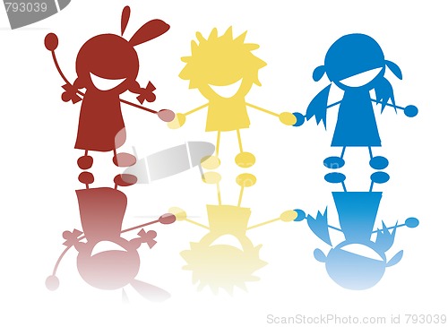 Image of Happy little children holding hands in colors