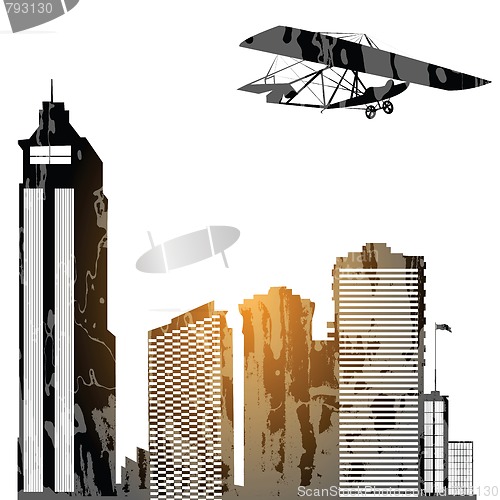 Image of Plane and skyscrapes