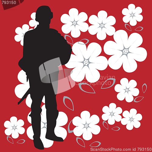 Image of Soldier silhouette on bright red and powerful background 