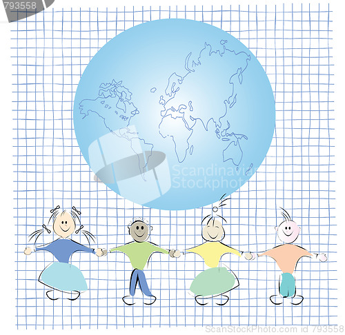 Image of Friends and globe illustration, vector art