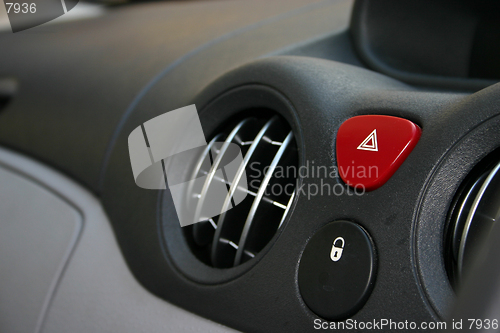 Image of Dashboard detail of air vents section, hazard button and central locking button