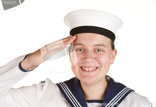 Image of young sailor saluting isolated white background