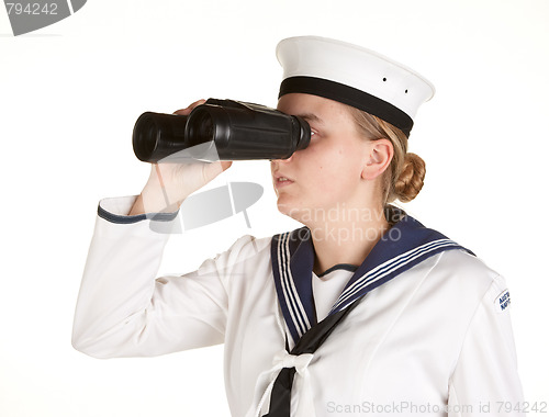 Image of young sailor with binoculars isolated white background