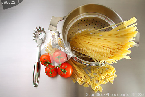 Image of Overhead shot of pasta, tomatoes and pot on stainless steel