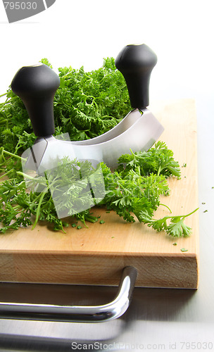 Image of Freshly chopped parsley on wooden cutting