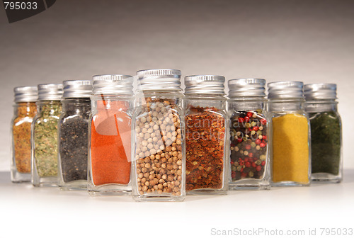 Image of Bottles of colorful spices with grey 