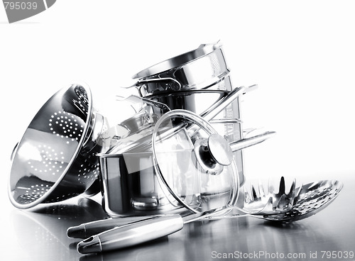 Image of Pile of pots and pans against  white