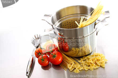 Image of Cooking pot with uncooked pasta and tomatoes