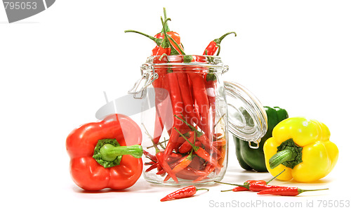 Image of Red peppers in glass jar isolated on white 