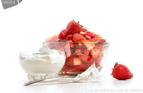 Image of Fresh strawberries with whipped cream on white