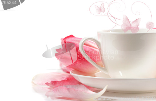 Image of Porcelain teacup with pink tulips on white