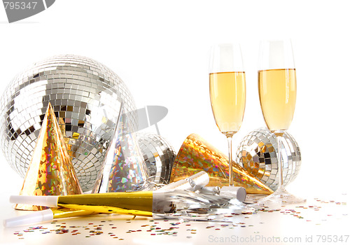 Image of Champagne glasses and disco ball