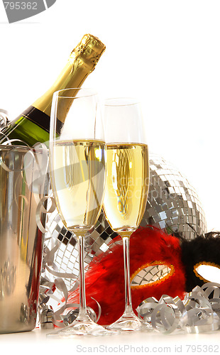 Image of  Masquerade Mask and champagne glasses on white 