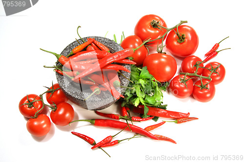 Image of Assortment of red peppers and tomatoes on white 